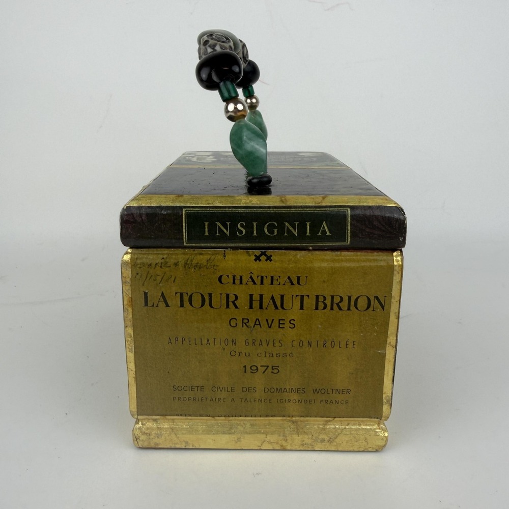 Handmade Wine Label Wooden Box Purse Black Beaded Handle Velvet Lined Small - Picture 2 of 9